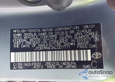 2022 Toyota Corolla Le z USA, uszkodzony, nr VIN JTDEPMAE4NJ207771